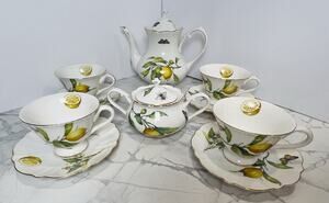 Gracie Teaware Lemon Bee Butterfly 12 Piece Porcelain Tea Set, Yellow, Gold Trim
